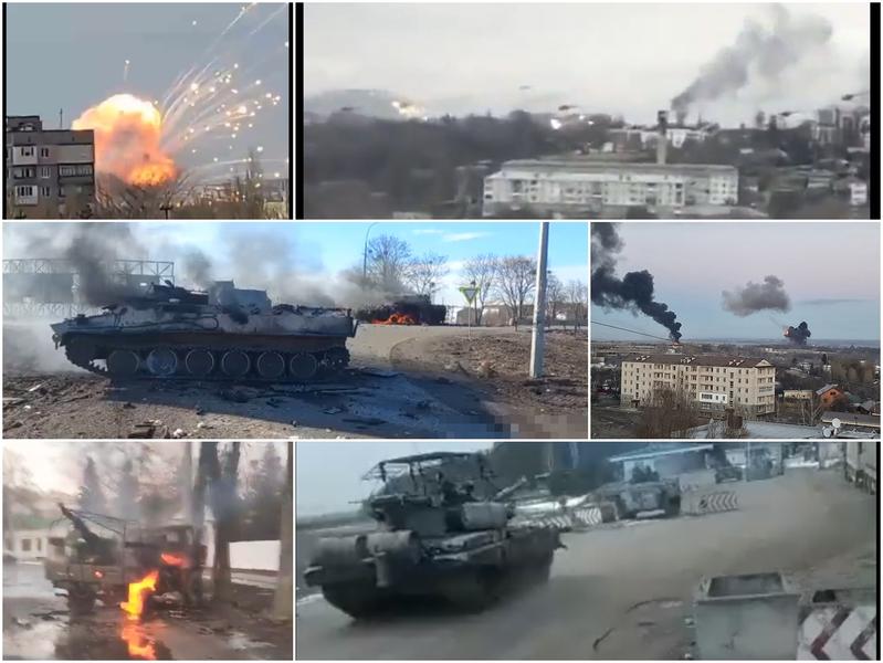 colaj cu razboiul din Ucraina, explozii, tancuri, bombardamente, fum