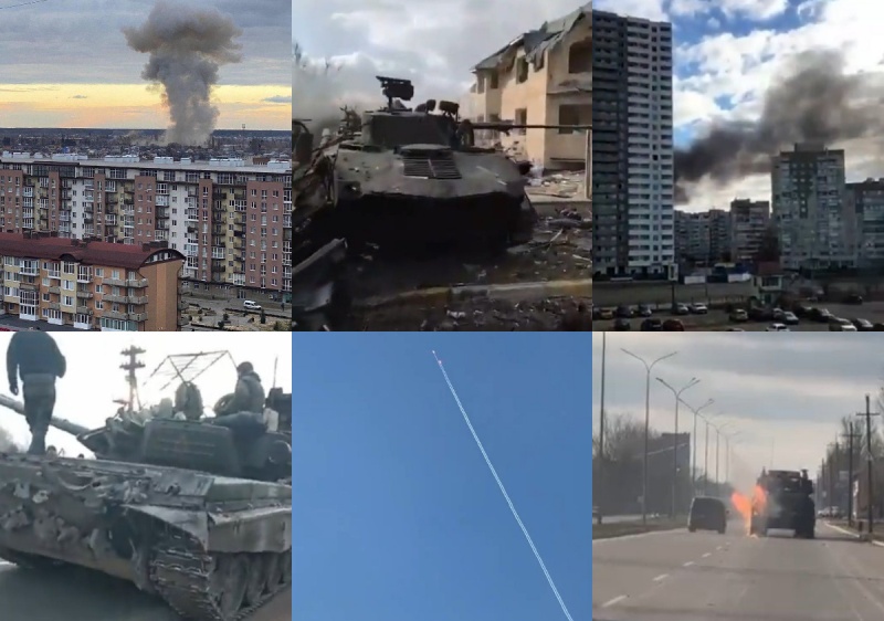colaj razboi Ucraina, tancuri, bombardamente, cladiri dupa explozii