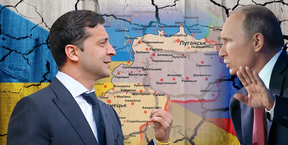 colaj vladimir putin si vladimir zelenschi pe fonul hartii teritoriului ucrainei