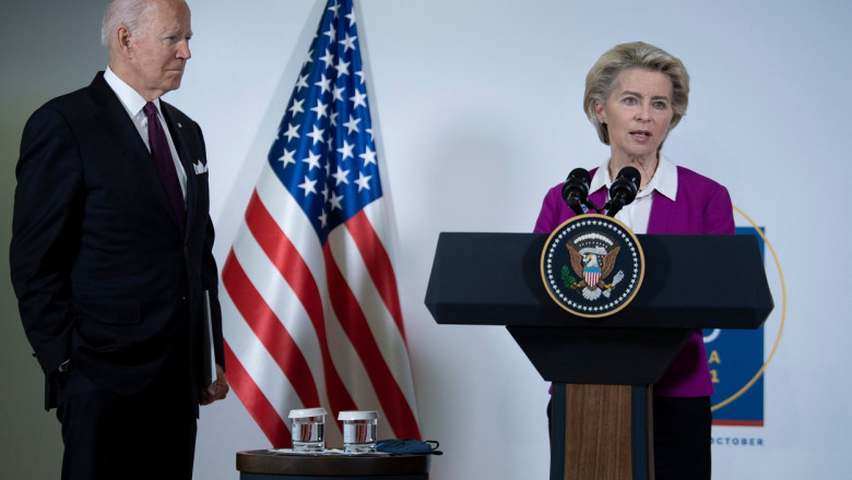 Ursula von der Leyen Joe Biden, in cadrul unei conferinte de presa de la summitul NATO