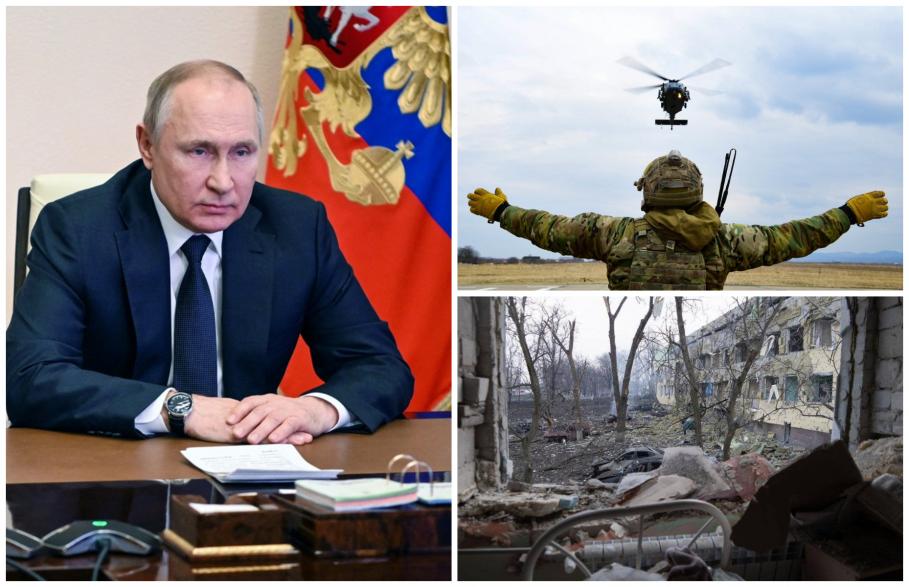 Vladimir Putin să înceteze atacul, colaj razboiul din Ucraina, presedintele rus Vladimir Putin, soldat ce semnalizeaza unui elicopter, cladiri distruse de bombardamentele rusilor