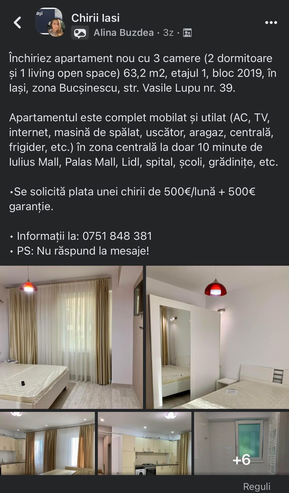 un anunt de inchiriere pentru un apartament din Iasi