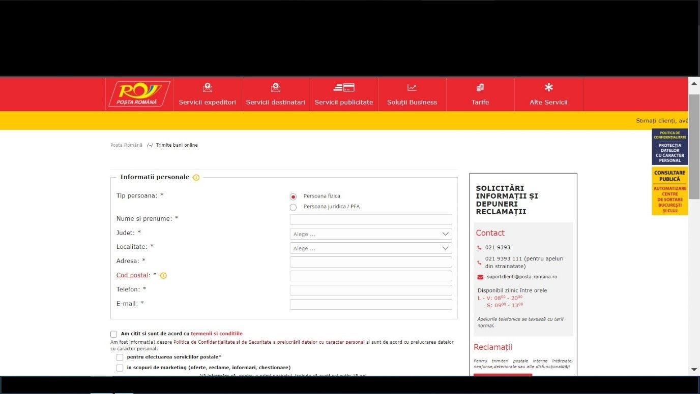  screenshot de pe un pc cu un site malitios ce imita site-ul oficial al Postei Romne