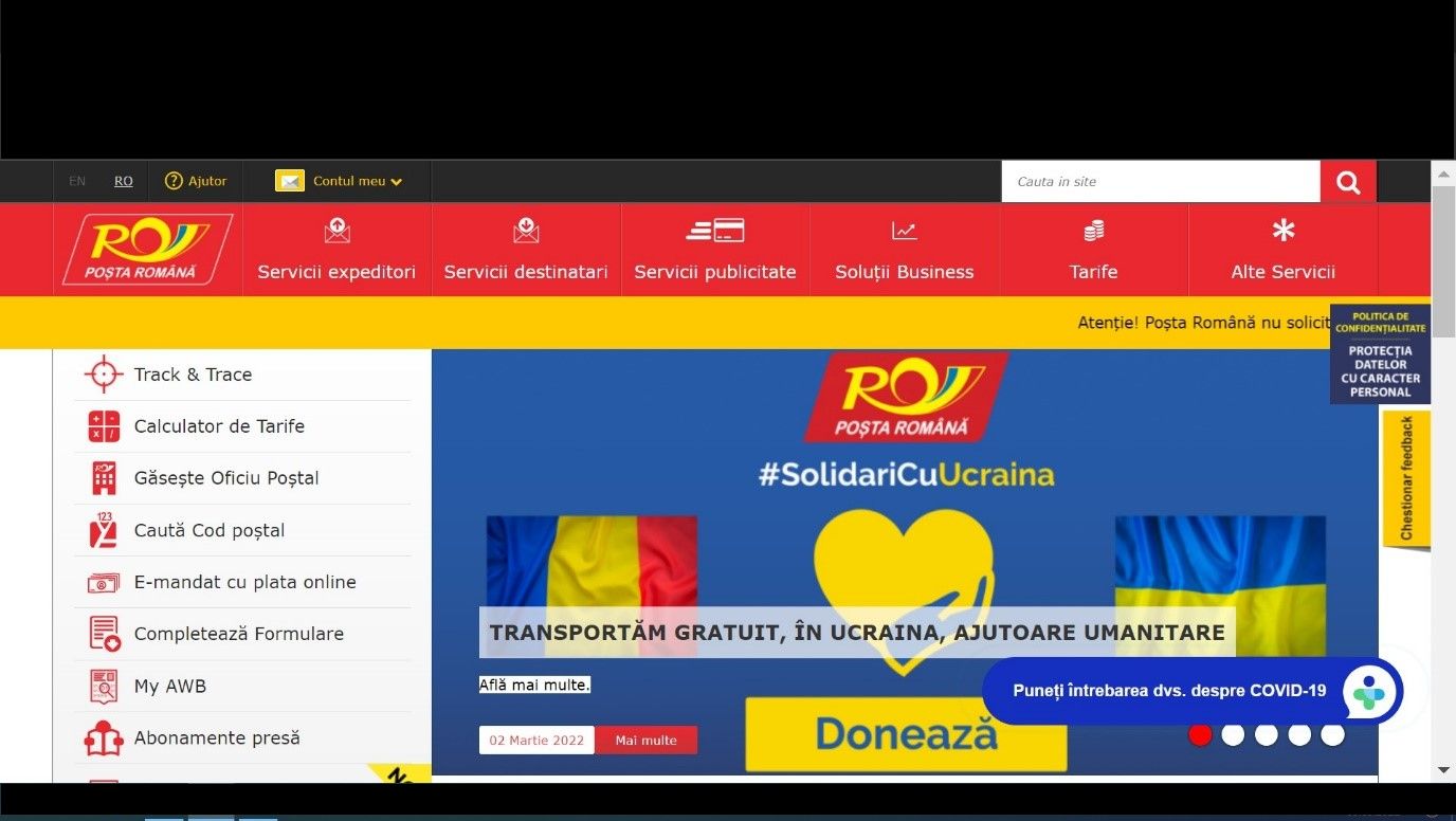  screenshot de pe un pc cu pagina principala a site-ului Postei Romane