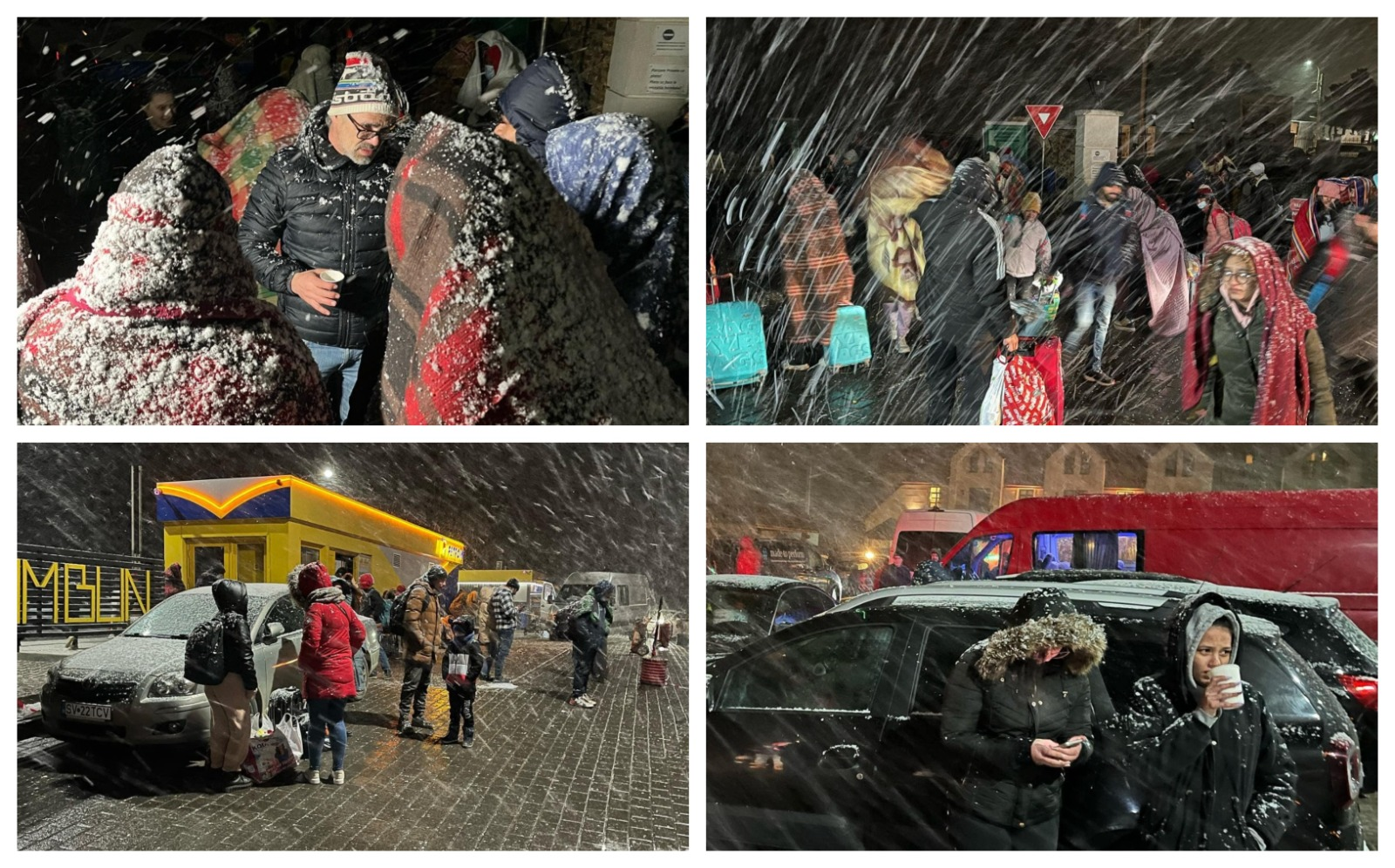 colaj cu refugiati ucraineni asteptand in ninsoare in Vama Siret
