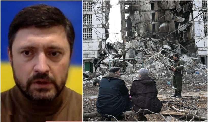 armata rusă ofensivă finală la Mariupol, colaj presedintele ucrainean Volodimir Zelenski si doi cetateni ucraineni ce stau si privesc la apartamentul lor distrus de bombardamentele rusilor in Mariupol