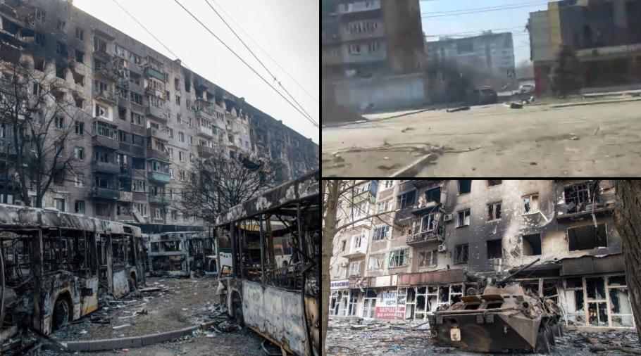 armata rusă ofensivă finală la Mariupol, colaj razboiul din Ucraina, cladiri bombardate in Mariupol de rusi