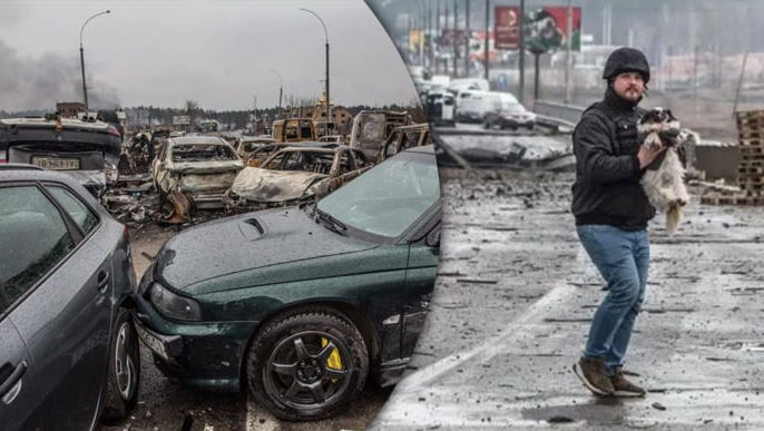 masacrul ruşilor de la Irpin, colaj dezastru provocat de bombardamentele rusilor, barbat ce tine in brate un caine