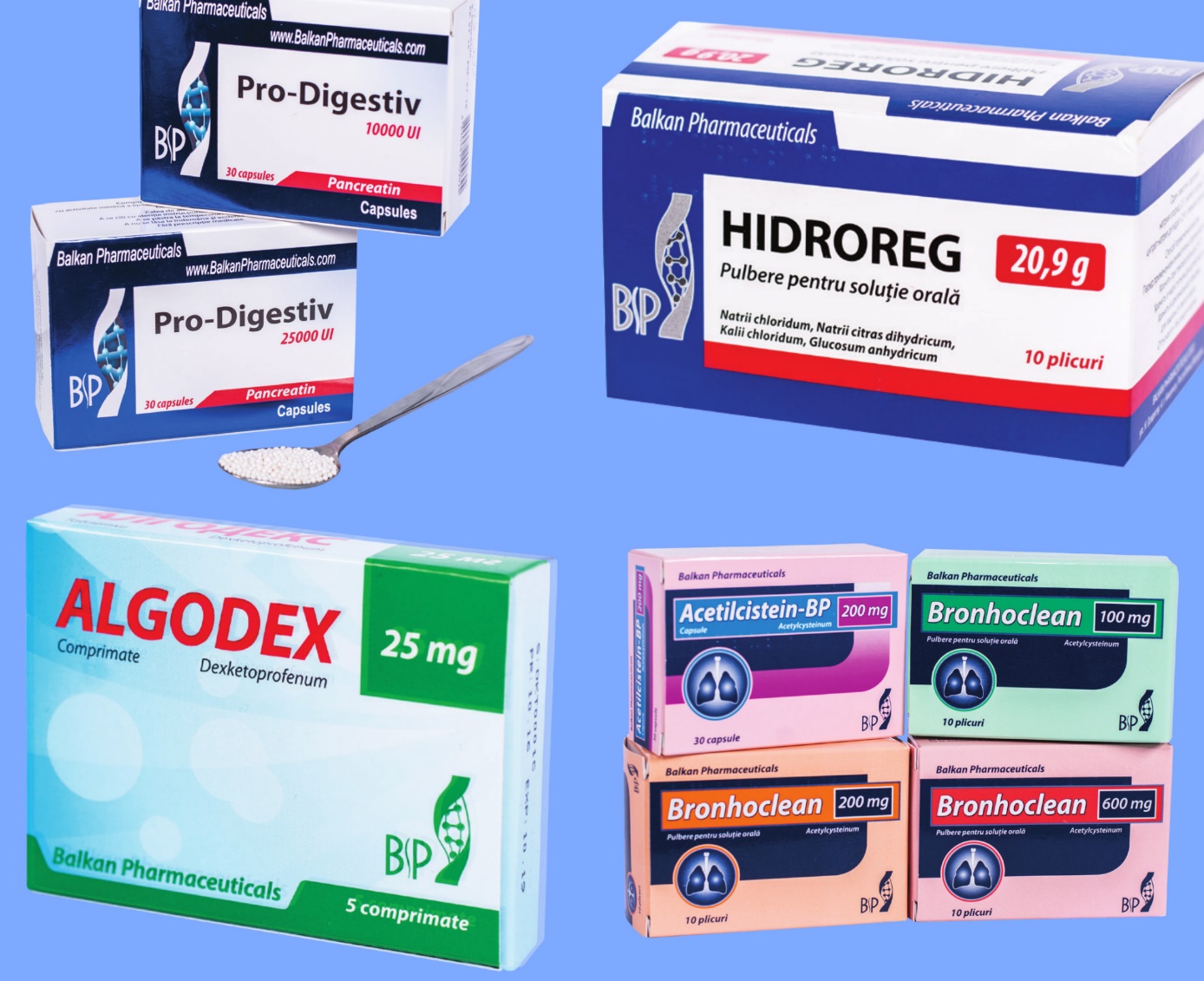 o imagine cu mai multe produse comercializate de Balkan Pharmaceuticals