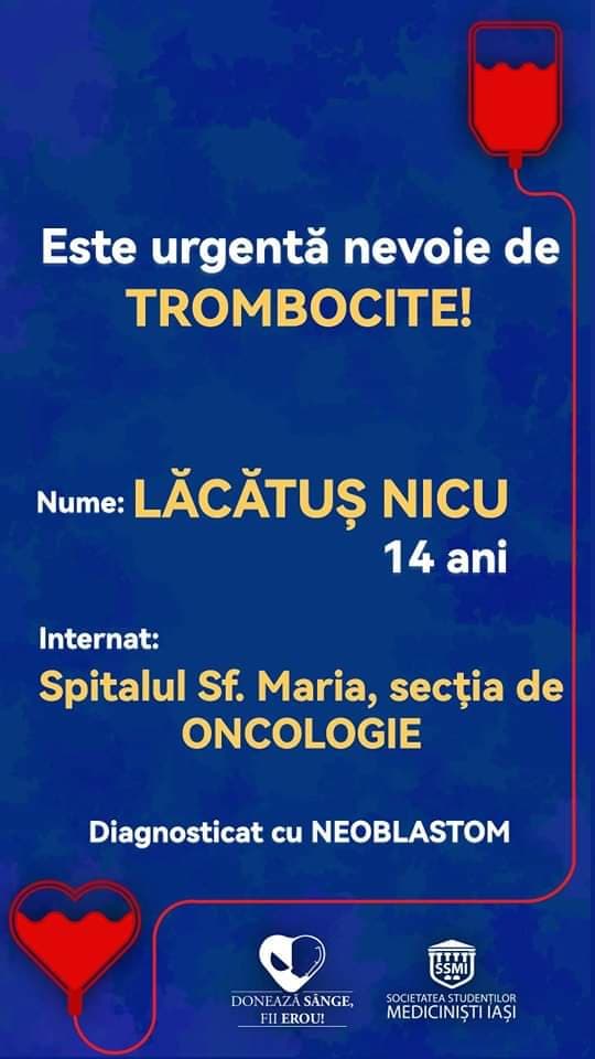 o imagine cu afisul pentru donare de trombocite pentru Nicu Lacatus