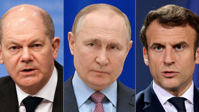 colaj Emmanuel Macron Olaf Scholz si Vladimir Putin