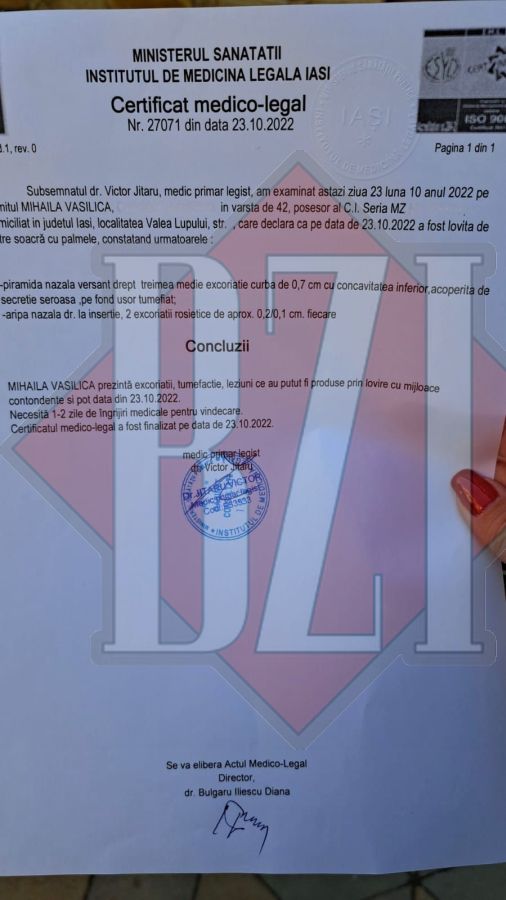 o poză cu un certificat medico-legal eliberat de Vasilica Mihăilă