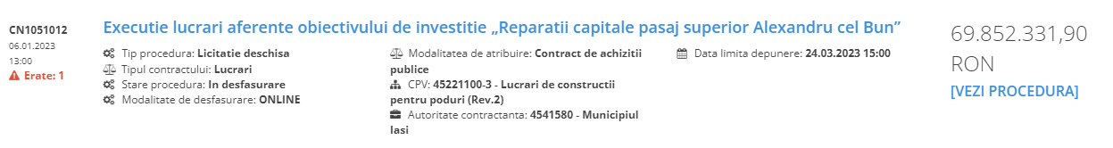 Captura de ecran de pe platforma SEAP cu prcedura de licitație